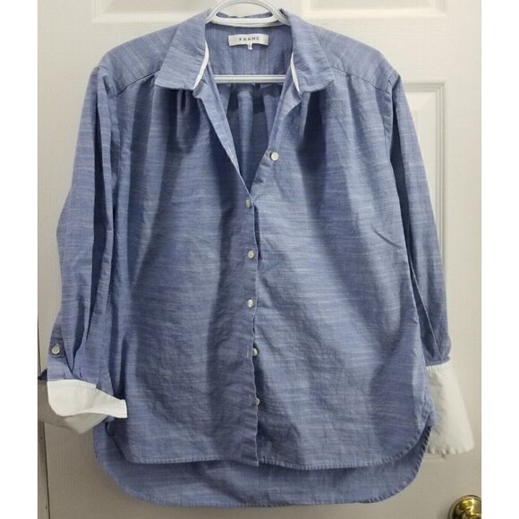 Frame Pleated Contrast Cuff Shirt In Oxford Blue Size Small - Picture 1 of 6